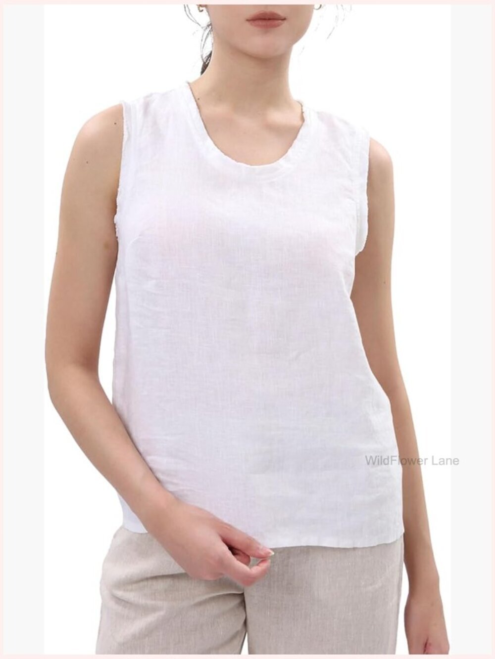 100% Linen Summer Tank Top Scoop Neck Sleeveless Raw Edge Blouse